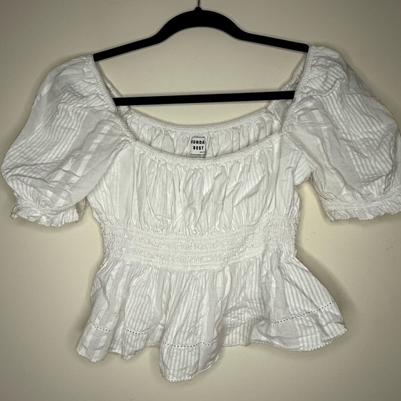 ARITZIA SUNDAY BEST Janis 100% Cotton White Babydoll Smocked Peasant Blouse Top - Picture 5 of 9